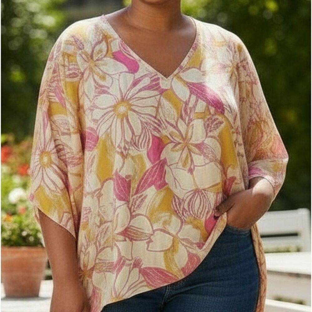 Adrienne Vittadini Colorful Floral Blouse Womens Size M Yellow Pink Loose Fit